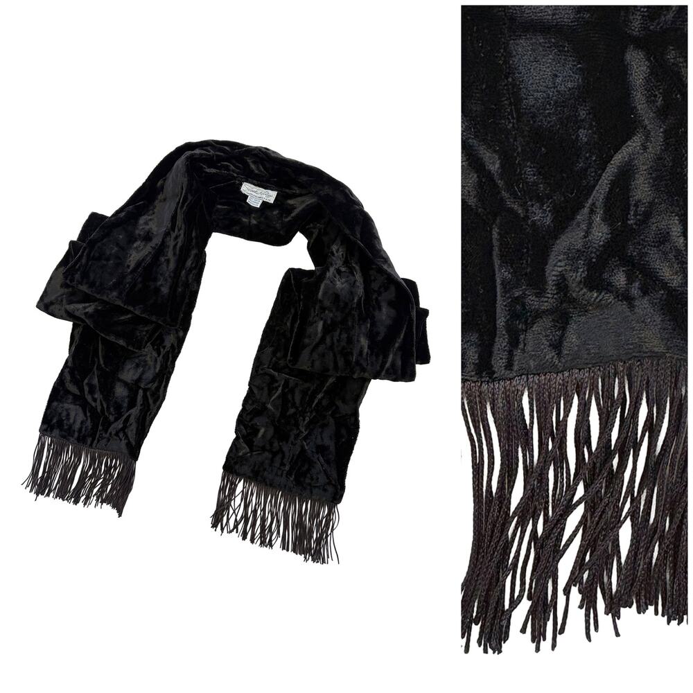VTG Tasha Polizzi Crushed Velvet Fringe Scarf Black Made USA Western 90s